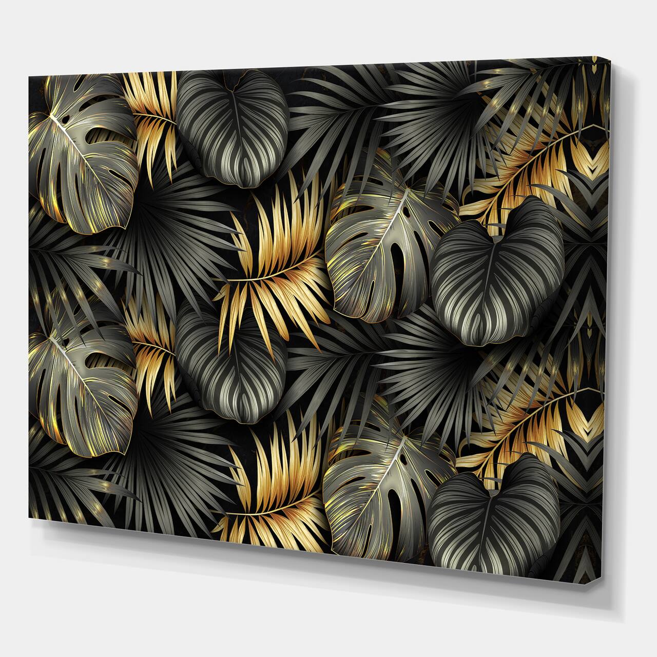 Designart - Black and Gold Tropical Leaves II - Modern Canvas Wall Art Print
